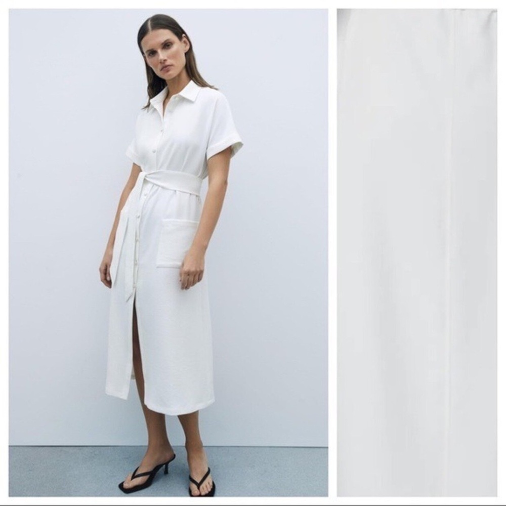NWT. Zara White Belted Shirt Dress. Size S.